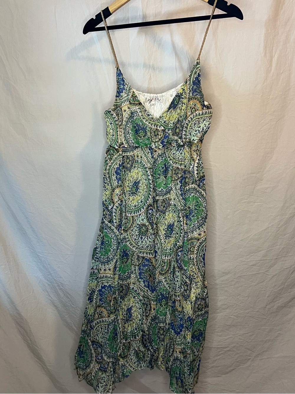 Joy Joy Blue and Green Paisley Spaghetti-Strap Midi Y2K Dress
